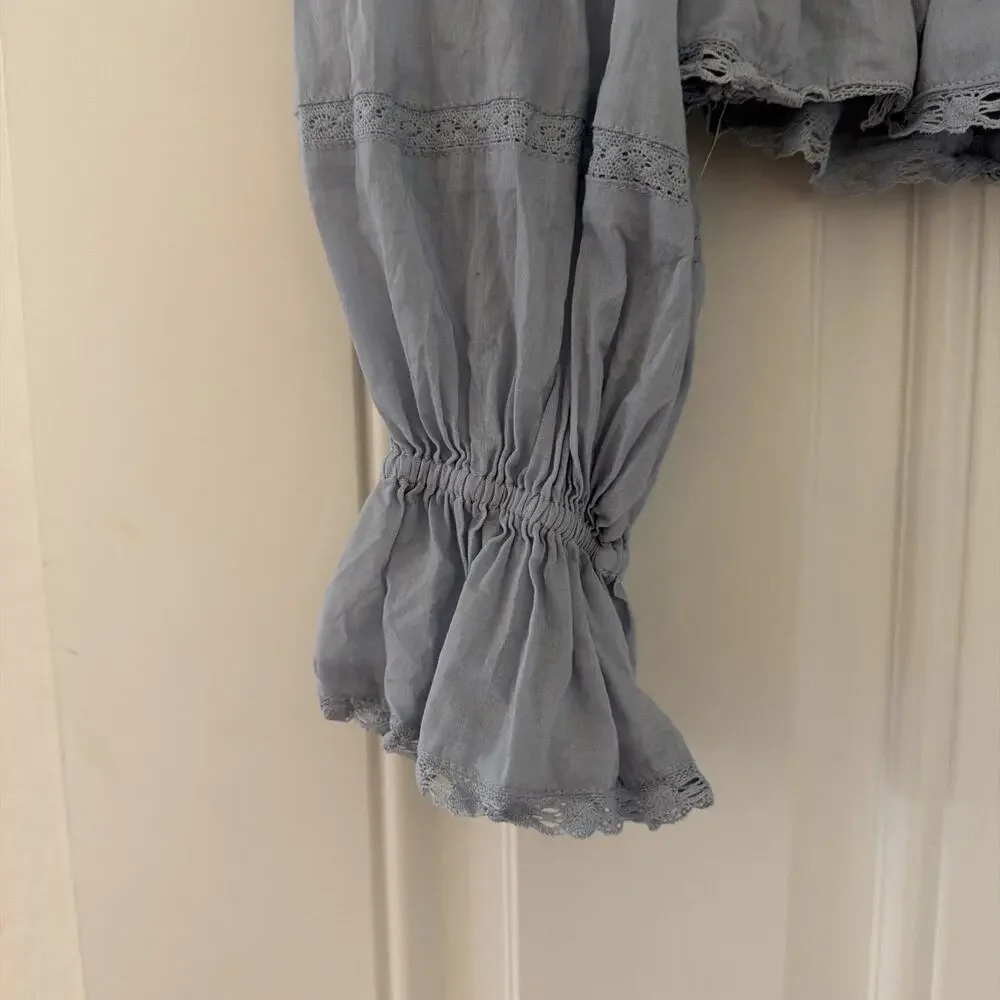 Reformation Roland‎ XS blue Mineral Square Neck Smocked Ruffle Peasant Blouse